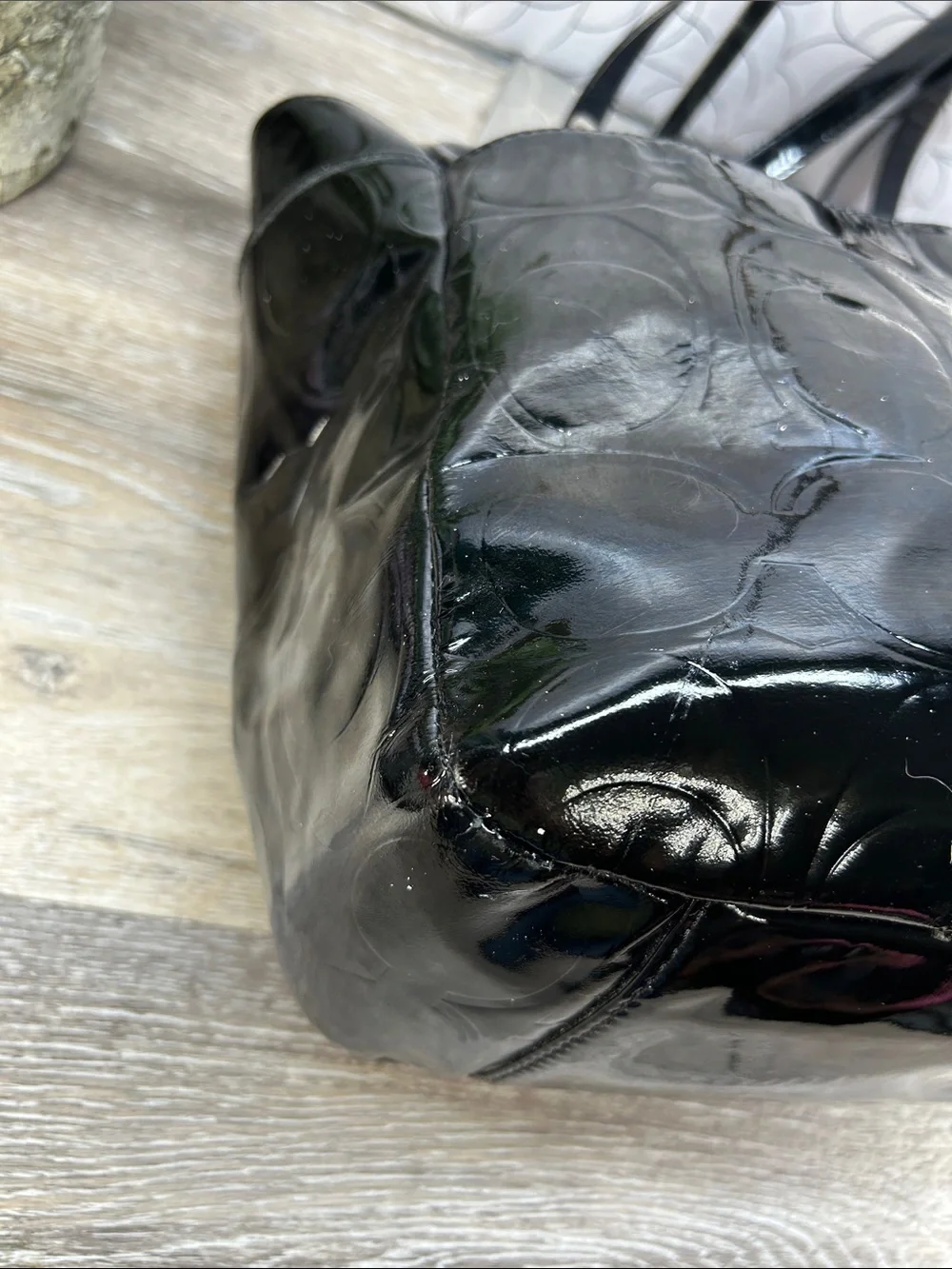 Coach black patent leather zip top tote bag